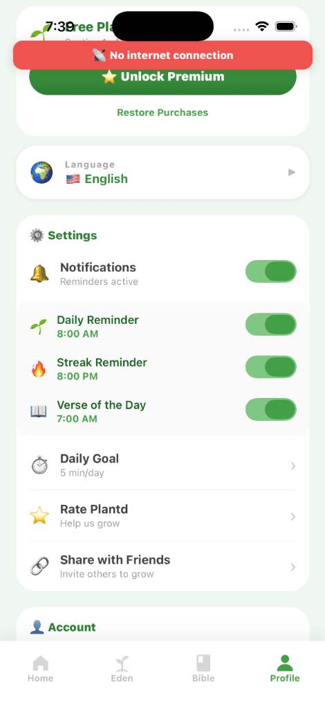 Plantd Profile Settings Screen